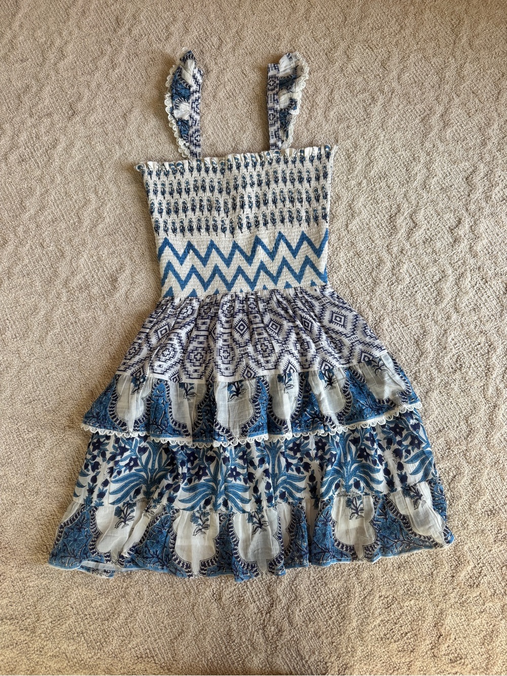 Bell Blue & White Printed Smocked Mini Dress with Ruffled Tiers